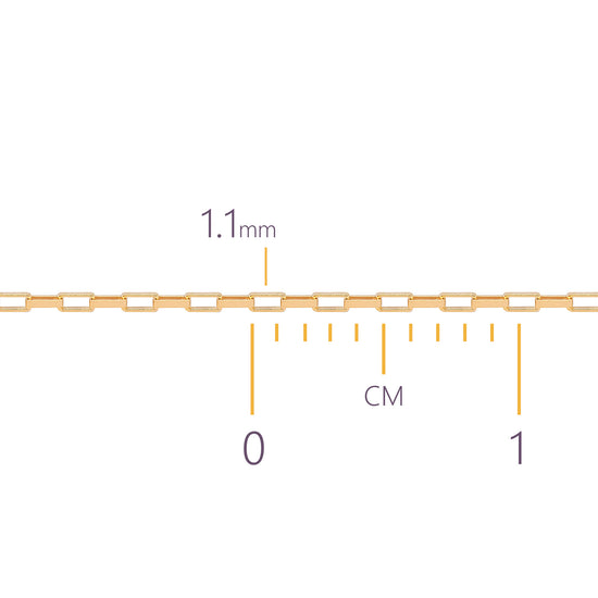 Gold elongated box chain with measurement scale showing  1.1mm length