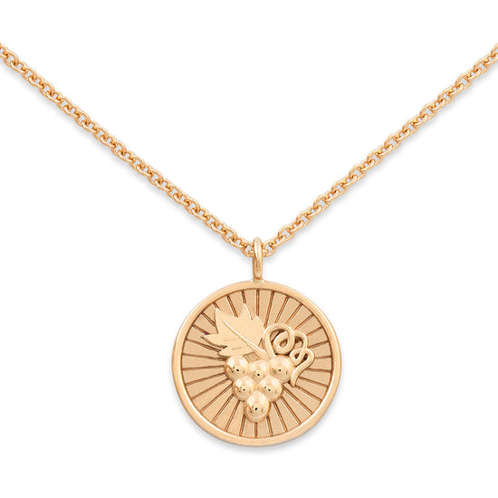 Gold necklace with a round pendant on a white background