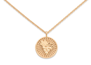 Gold necklace with a round pendant on a white background