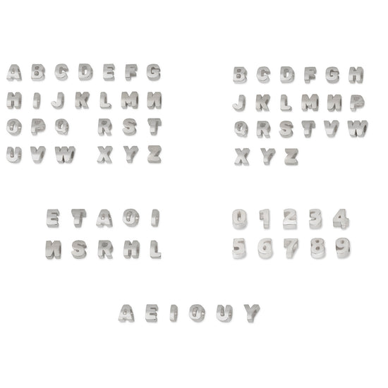 Set of silver letters and numbers on a white background