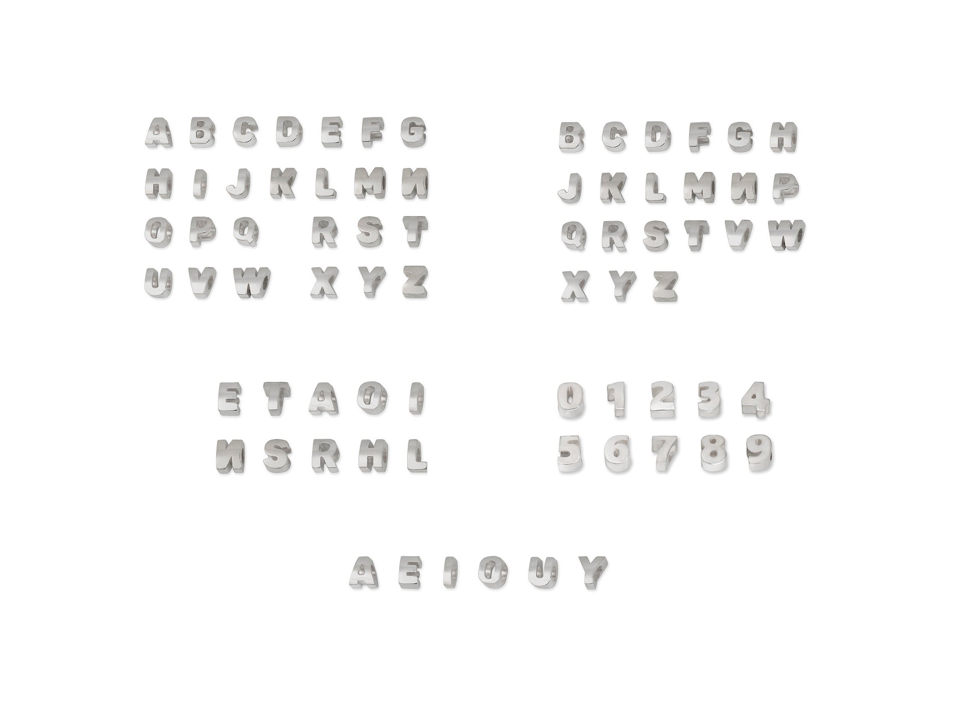 Set of silver letters and numbers on a white background