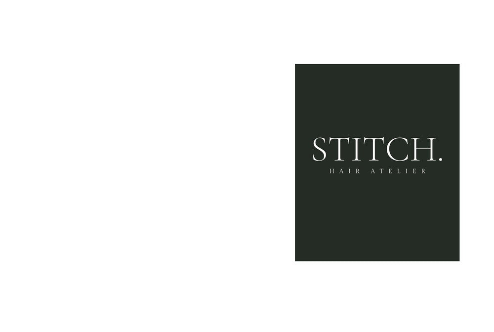 Black square with 'STITCH. HAIR ATELIER' collaboration with Riva Precision