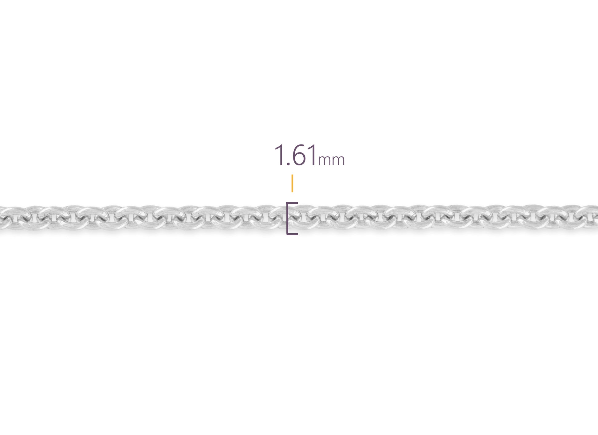 Silver chain with a thickness measurement of 1.61mm on a white background