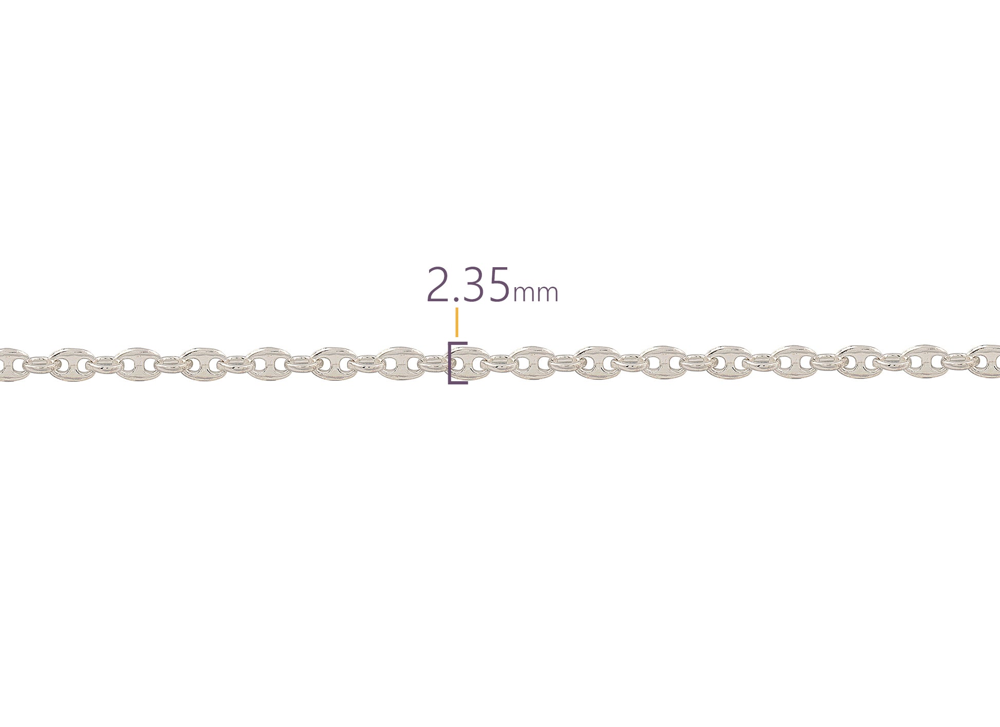 Silver chain with a measurement of 2.35 mm on a white background