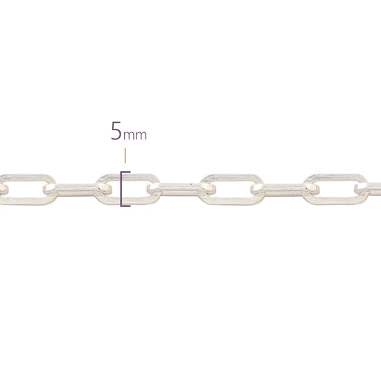 Silver chain with a 5mm link measurement on a white background
