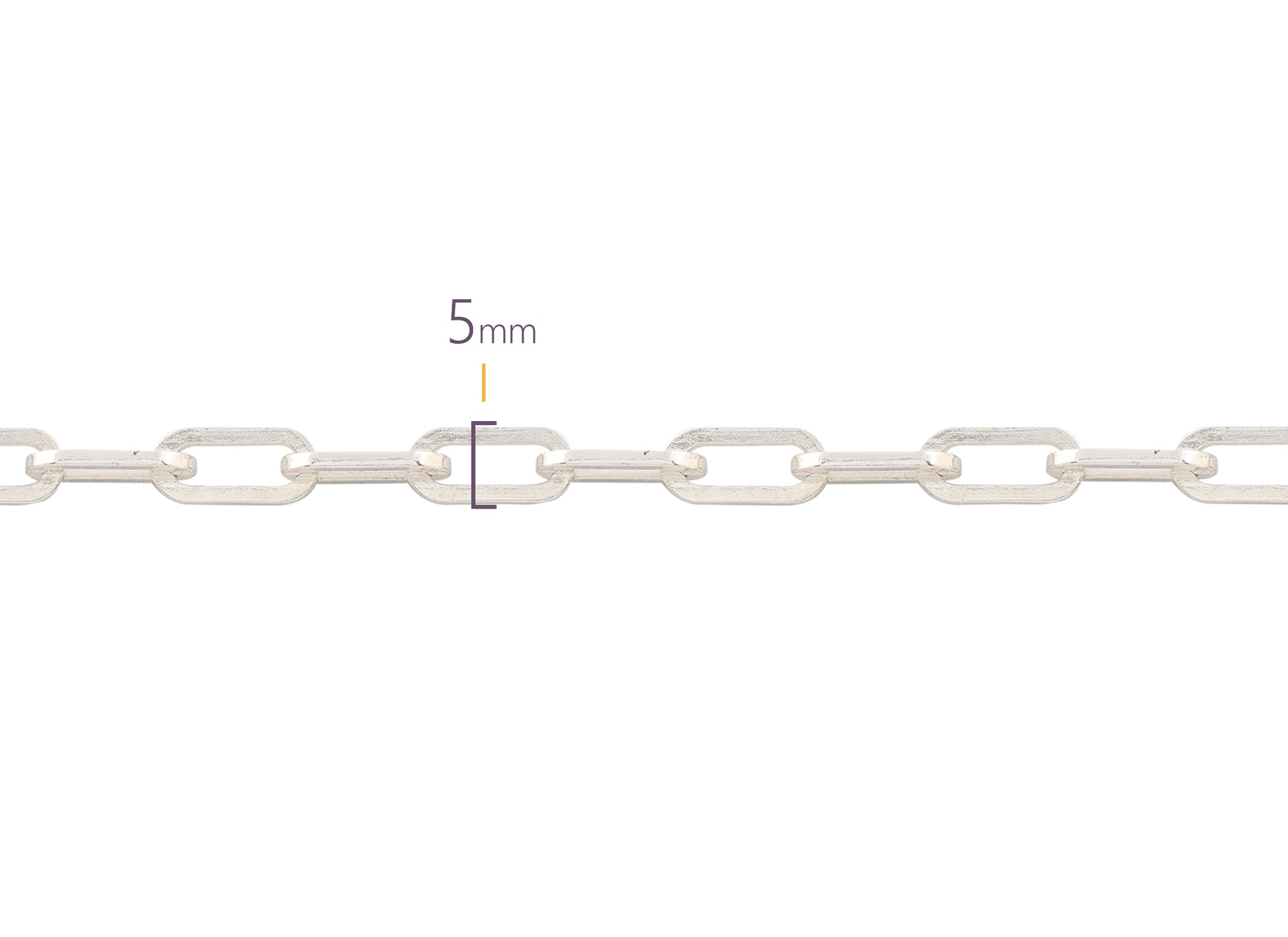 Silver chain with a 5mm link measurement on a white background