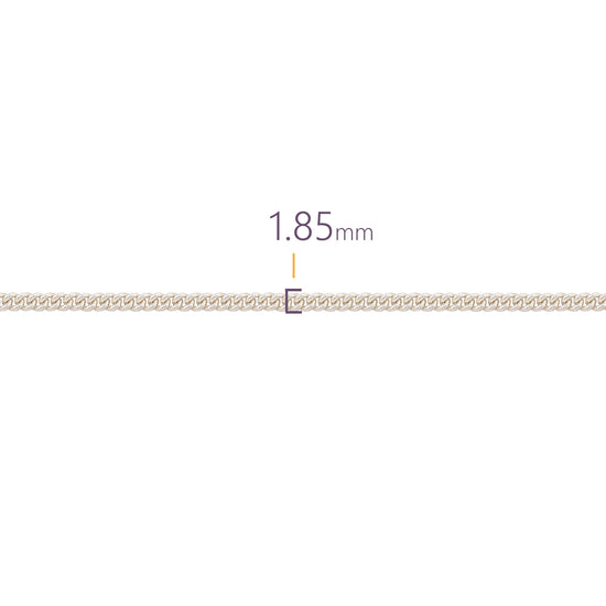 Gold chain with a measurement of 1.85mm on a white background