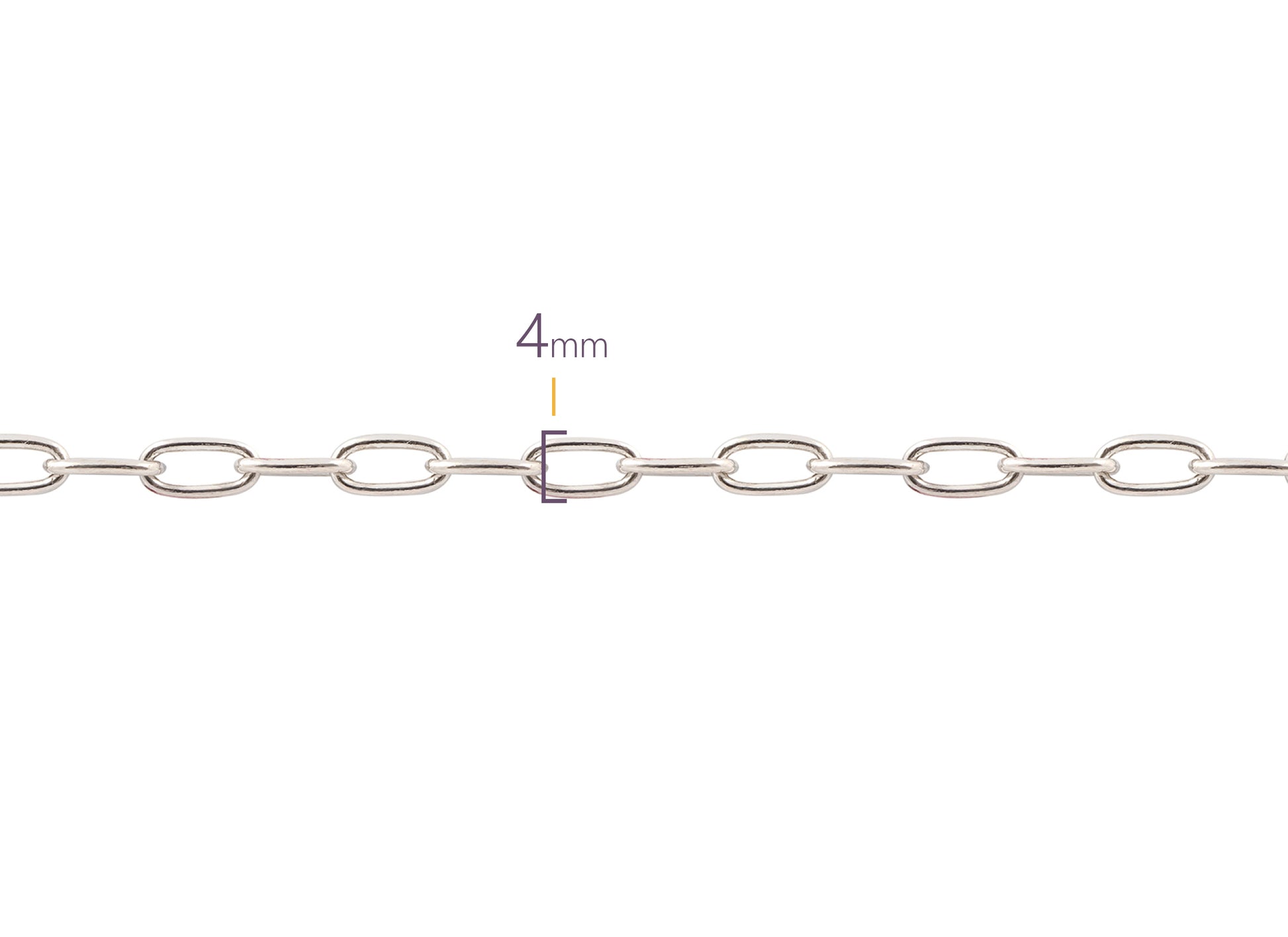 Silver chain with a 4mm link size measurement on a white background