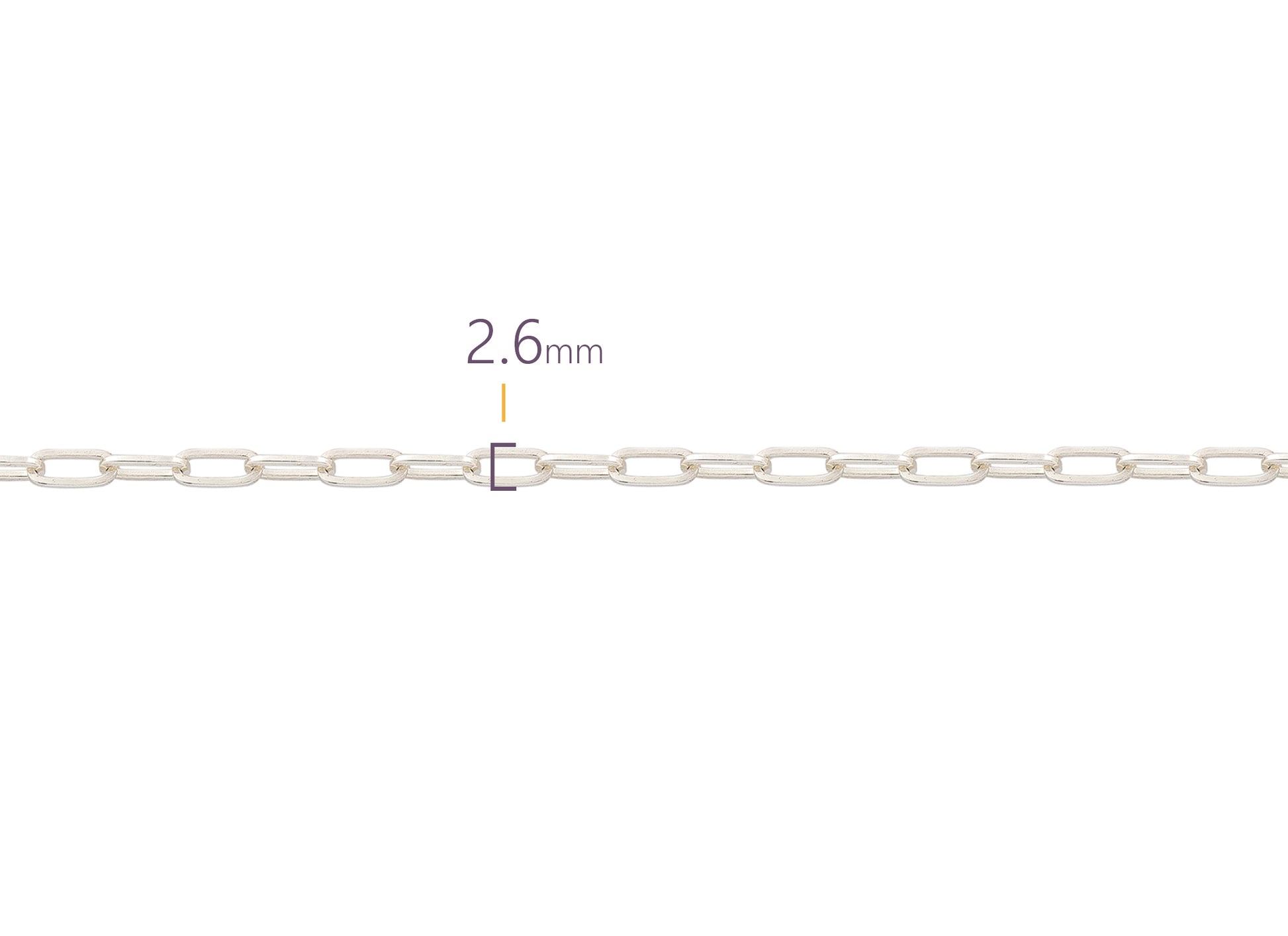 Silver chain with measurement of 2.6 mm on a white background