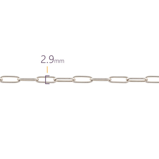 Silver chain with a measurement of 2.9mm on a white background