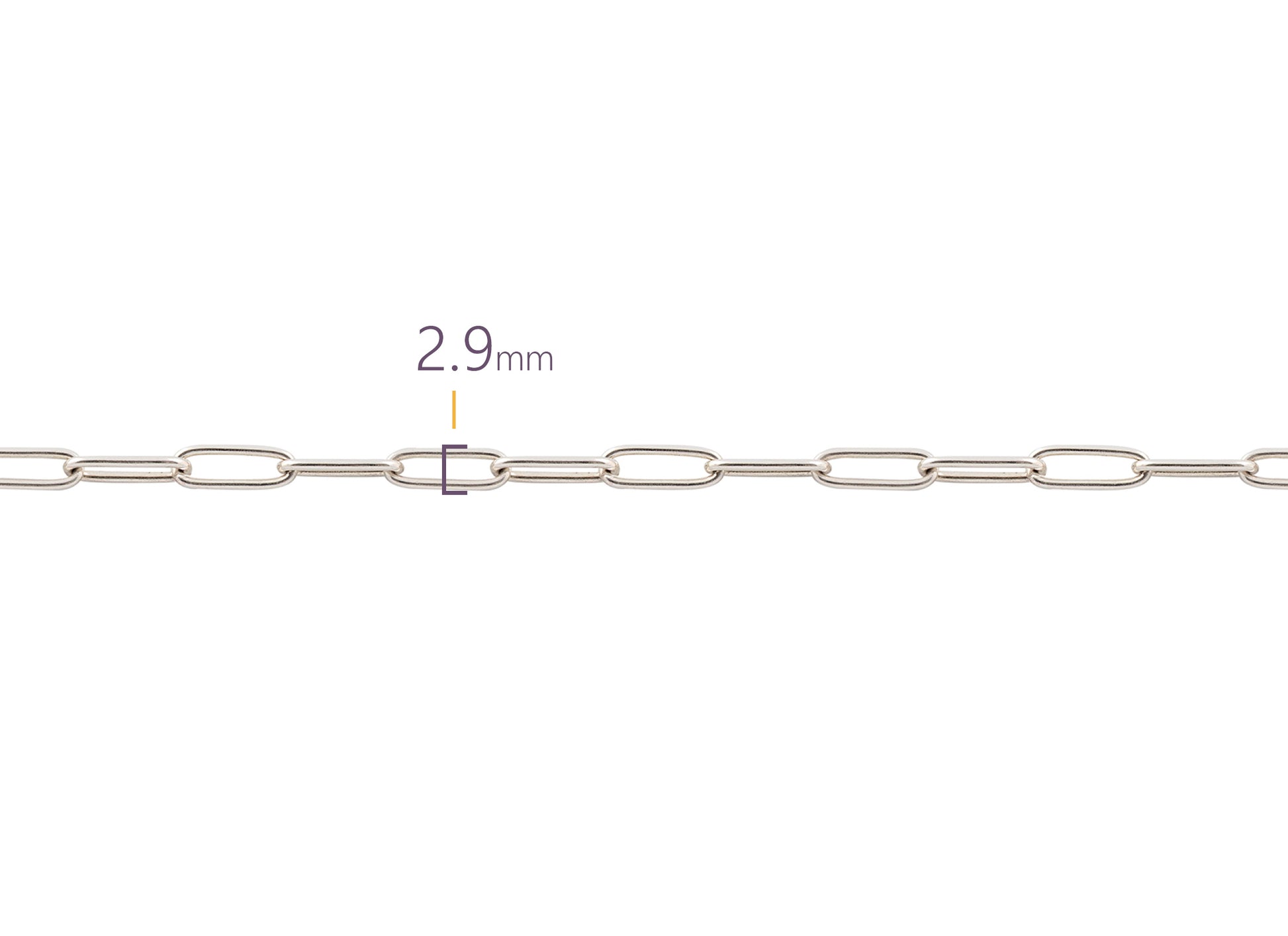 Silver chain with a measurement of 2.9mm on a white background