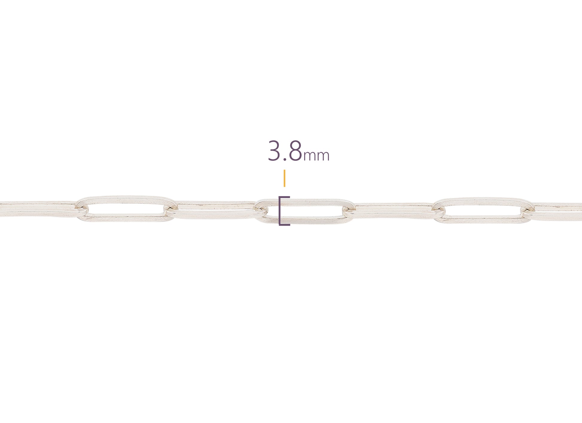 Silver chain with a measurement of 3.8 mm on a white background