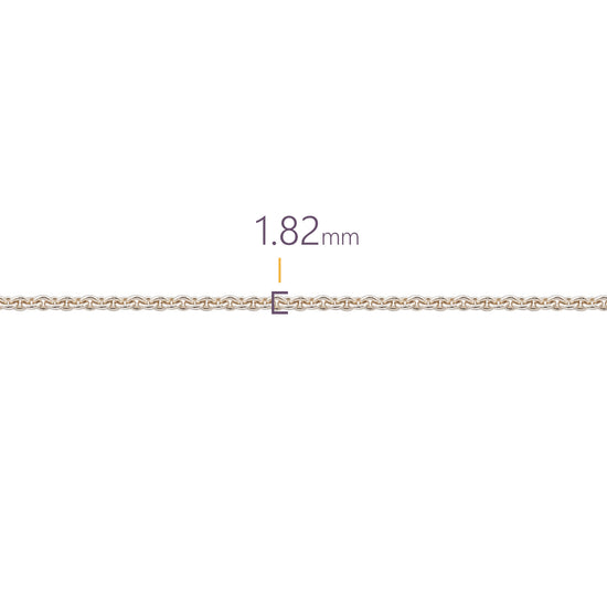 Thin gold rope chain with a measurement of 1.82 mm on a white background