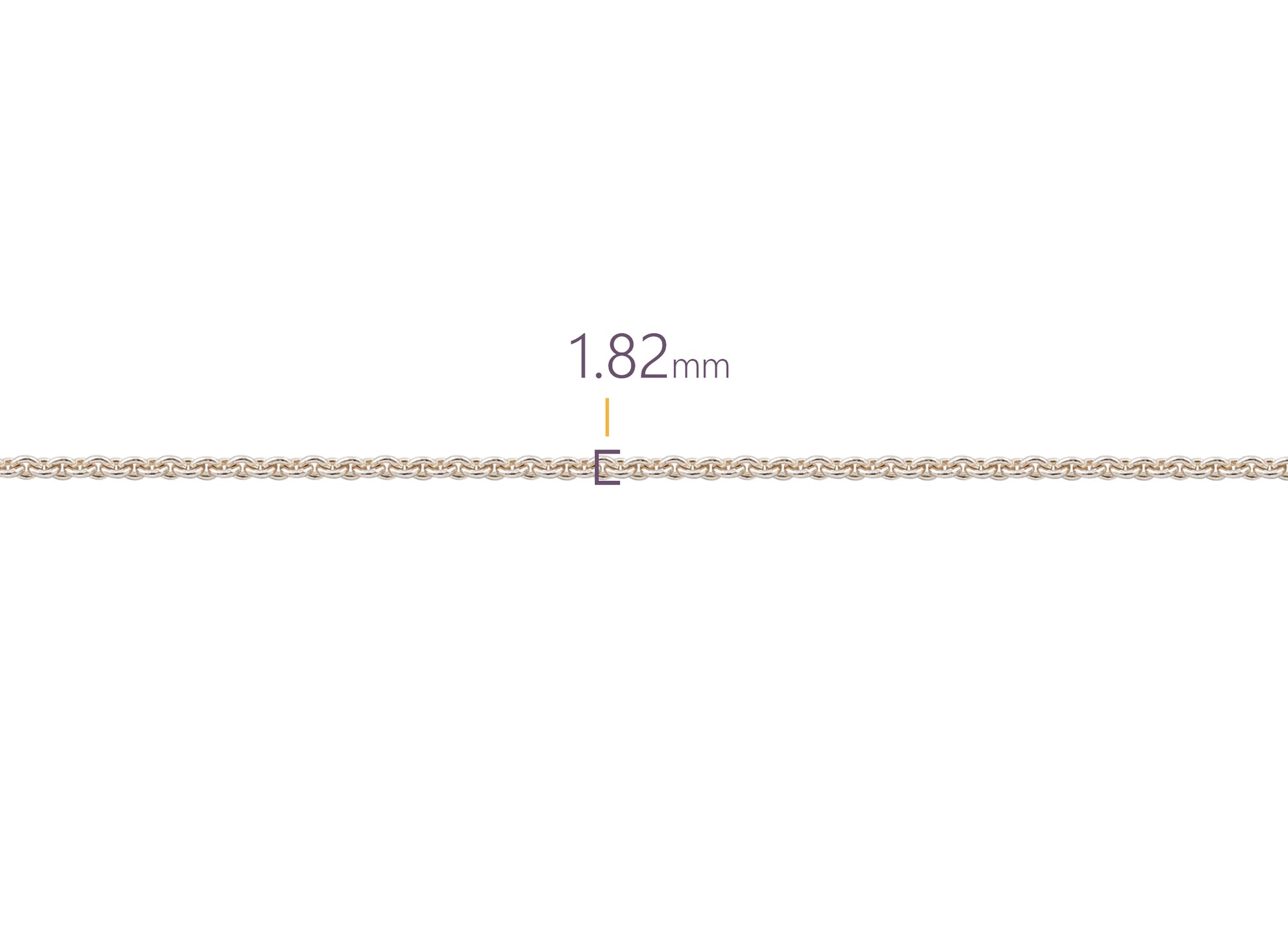 Thin gold rope chain with a measurement of 1.82 mm on a white background
