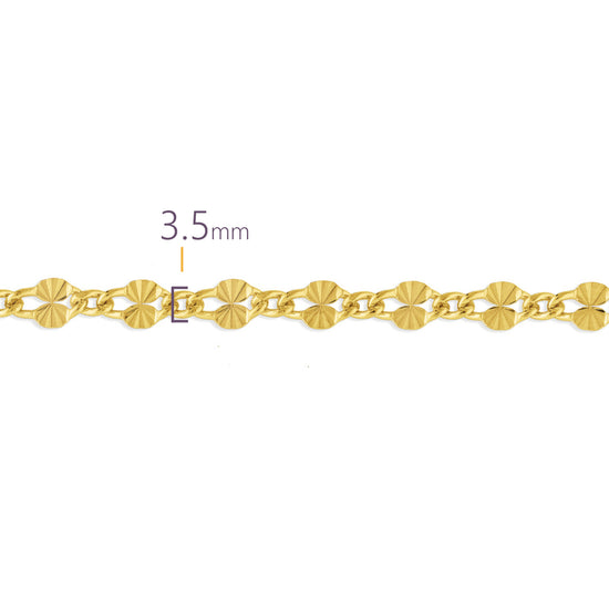 Gold starburst chain bracelet with a measurement of 3.5mm on a white background