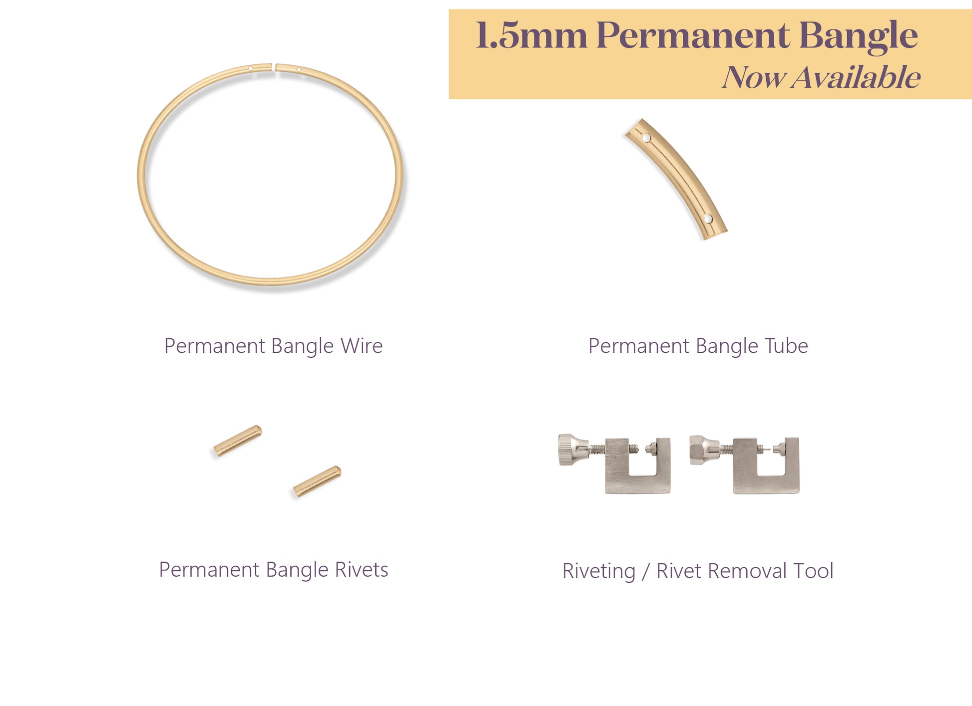 Jewelry-making components including wire, tube, rivets, and tool on a white background with text about a new product release.