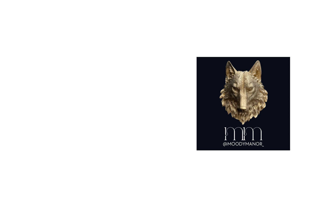 Wolf head logo with 'moodymanor' branding on a black background