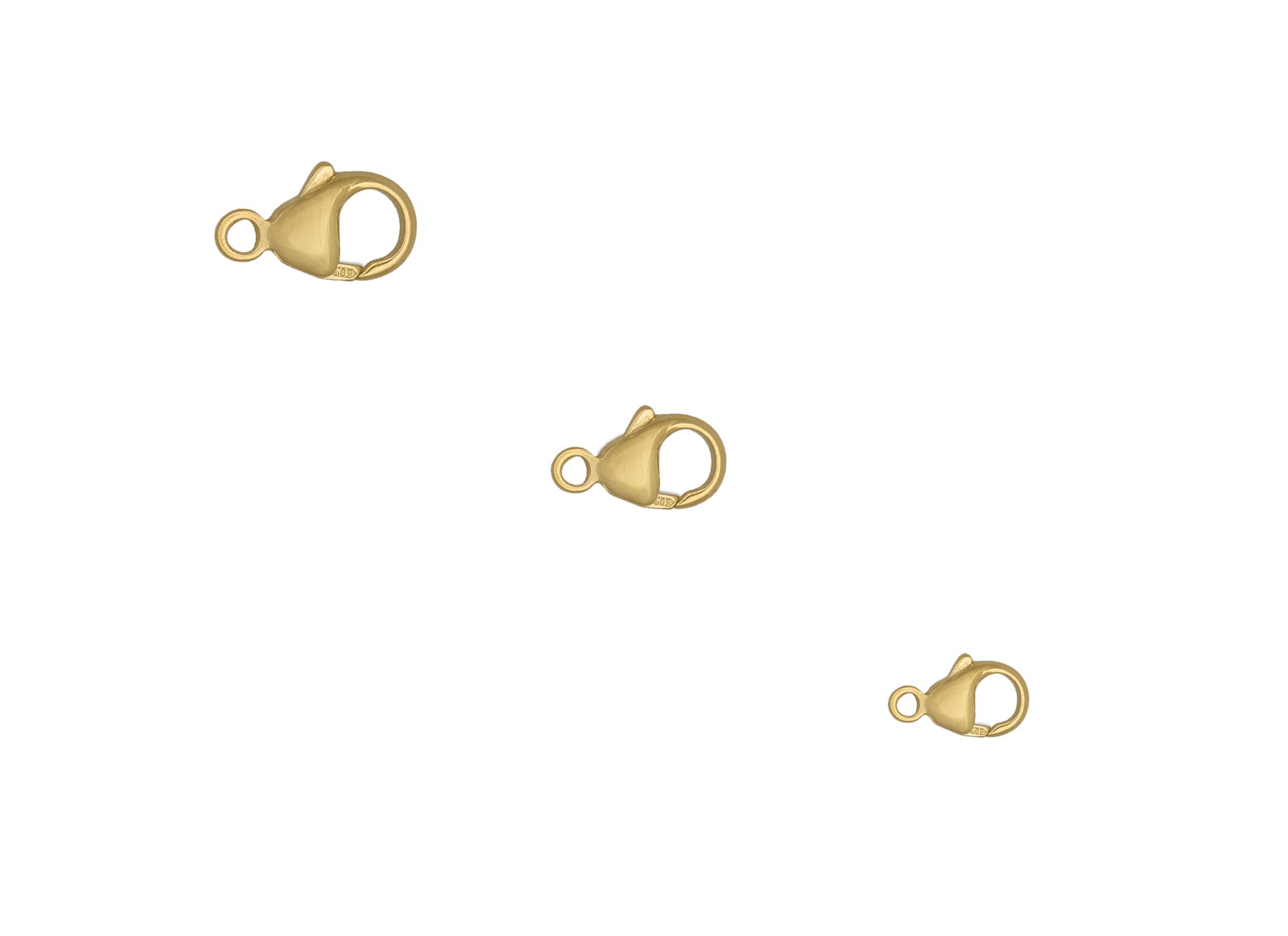 Three oval lobster claw clasps in 14K gold displayed against a white background.