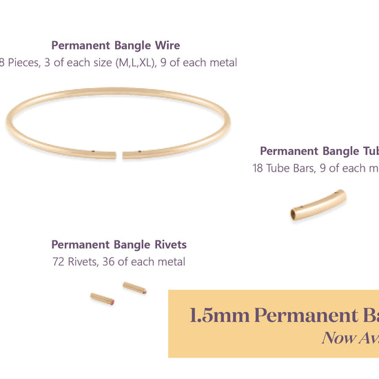 Jewelry components including bangle wire, tube bars, and rivets on a white background.