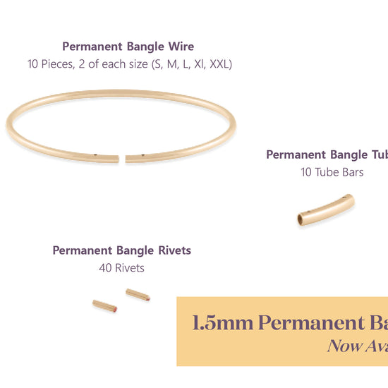 Jewelry components including a bangle wire, tube bars, and rivets on a white background.