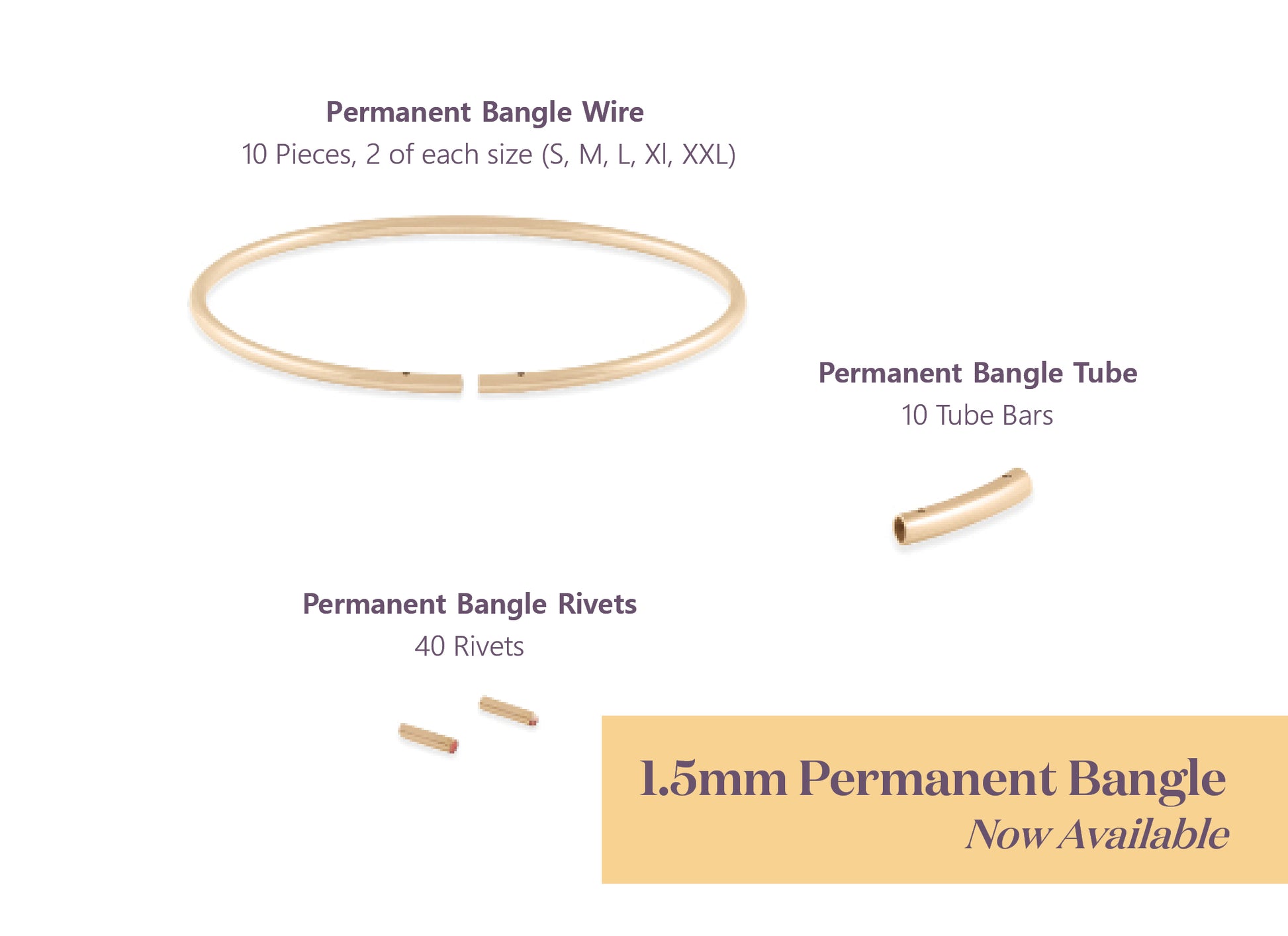 Jewelry components including a bangle wire, tube bars, and rivets on a white background.