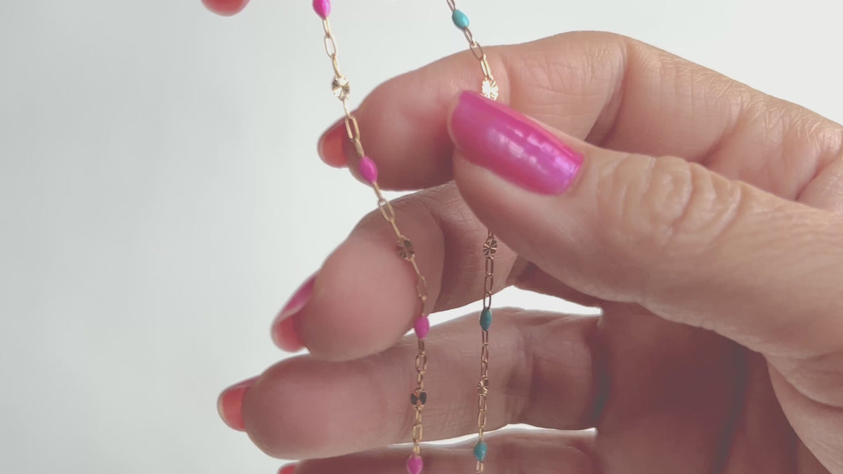 Gold Filled Enamel Blue and Pink 3.6mm Blue Enamel Hammered Link Paper-Clip Chain RIVA Precision 