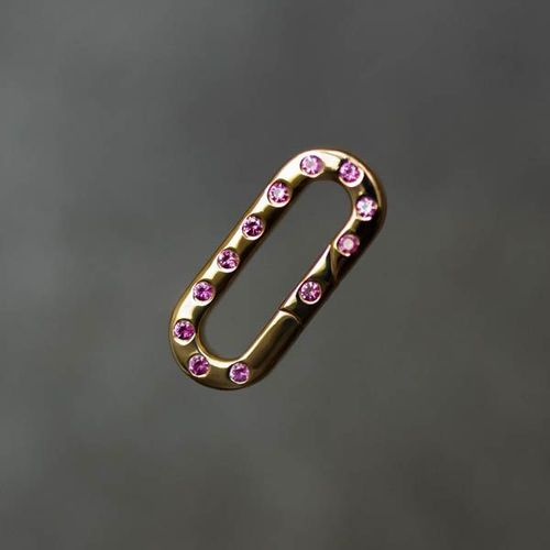Elongated Flat Paper Clip Invisible Clasp in yellow gold with pink sapphires