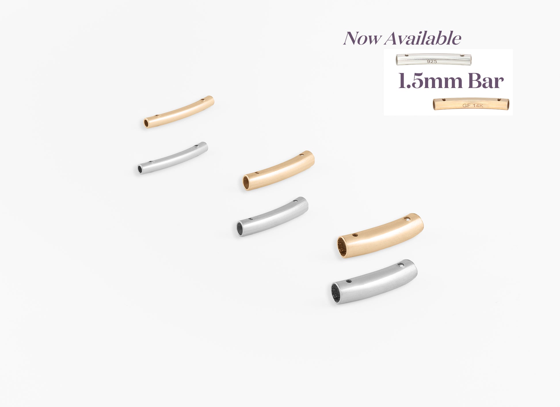 Set of gold, silver, and rose gold bar jewelry on a white background